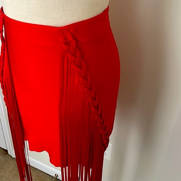 Red Bandage Mini Skirt w/ Fringe Braided Detail - Picture 3 of 5